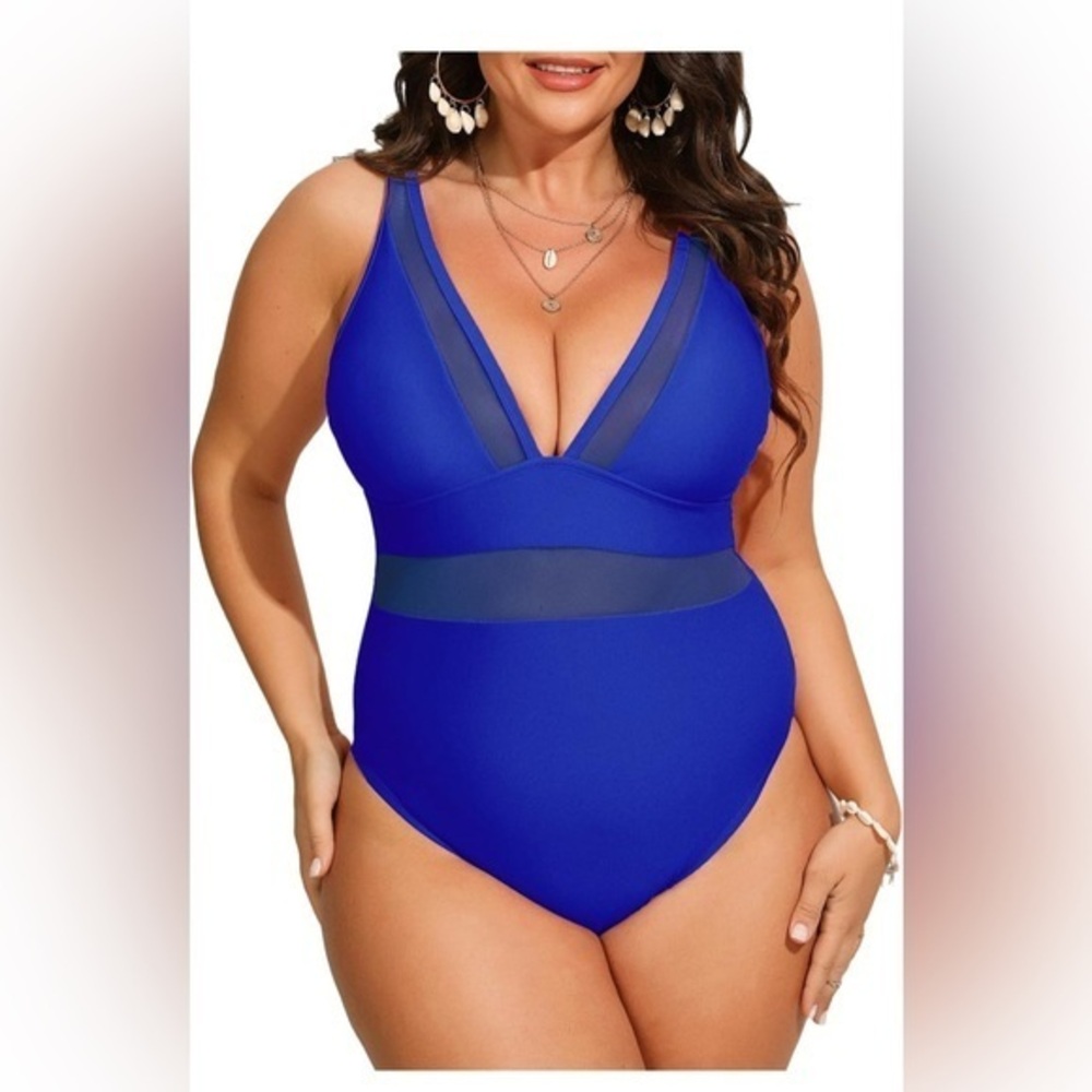 CUPSHE Women's Plus Size One Piece Swimsuit V Neck Mesh Sheer Tummy Wide Straps